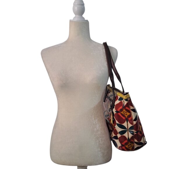 Fossil Key Tote Bag Purse Coated Canvas Red Floral Print Boho Y2K Retro Vintage - Picture 4 of 10